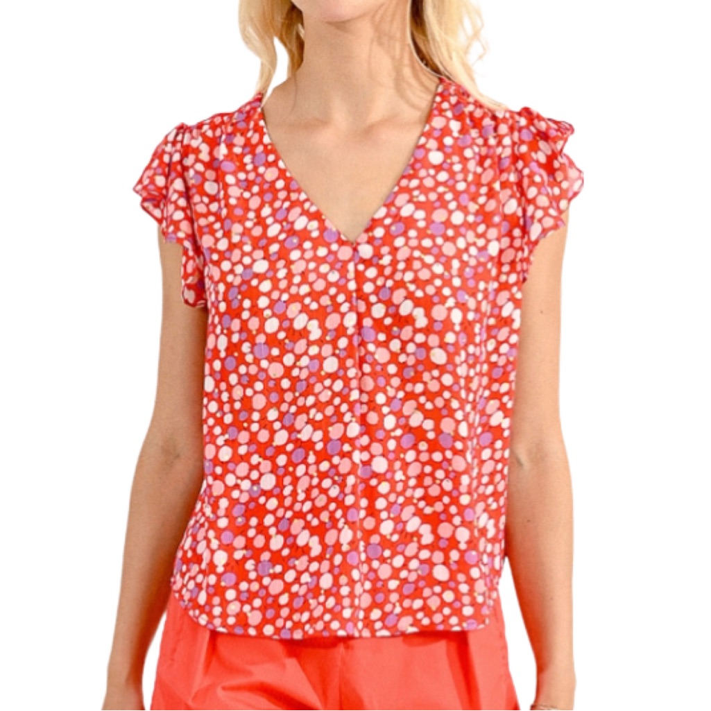 Molly Bracken Red Ruffled Shoulder V-Neck Lightweight Flowy Top Blouse Large